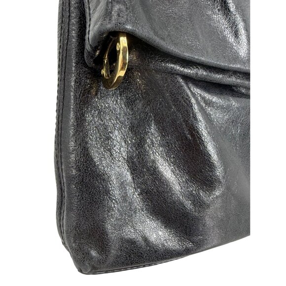 Tory Burch Black Leather Fold-Over Adjustable Strap Gold Tone Logo Crossbody Bag - Picture 13 of 16